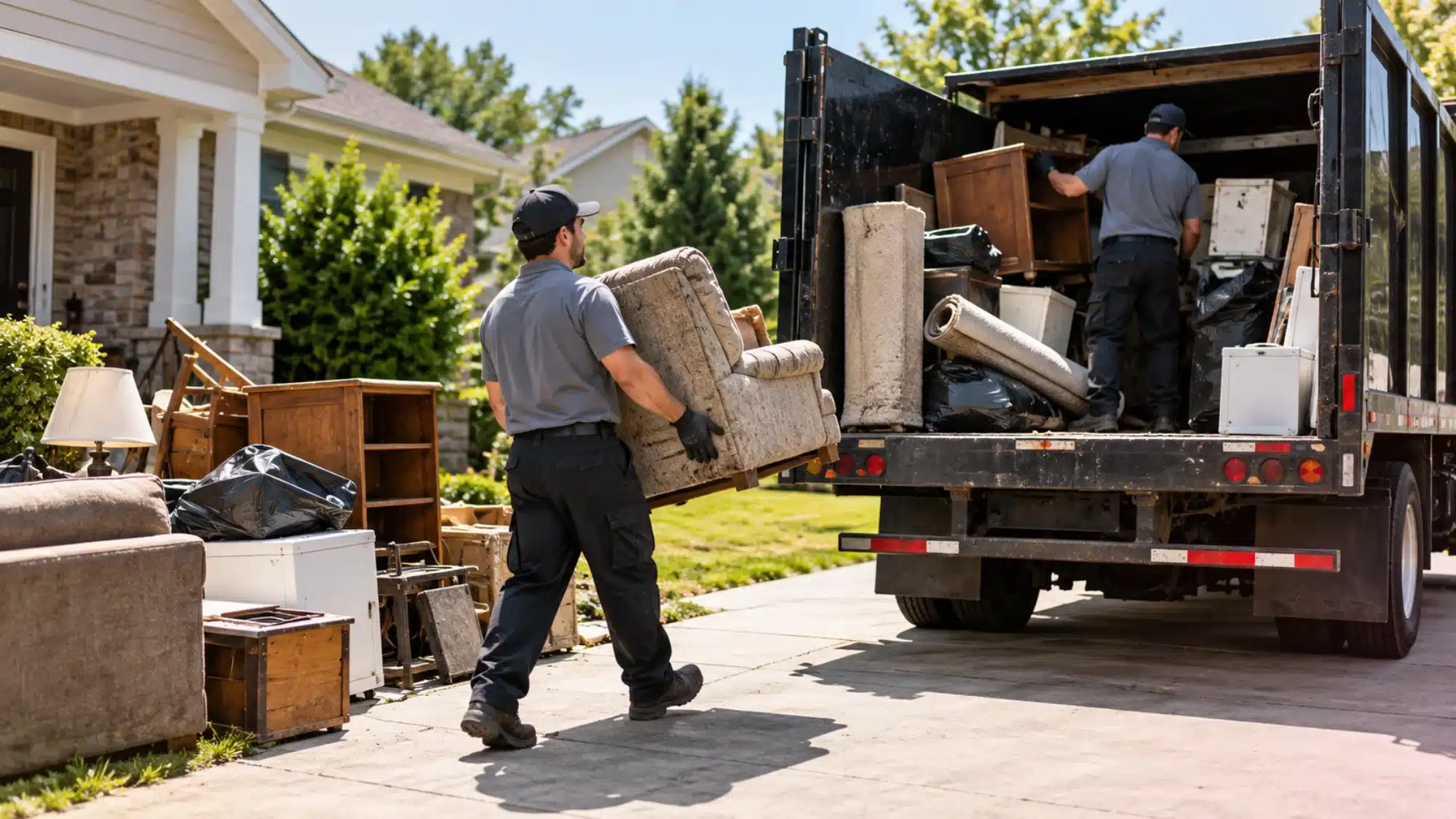 Professional team performing junk removal near a residential home
